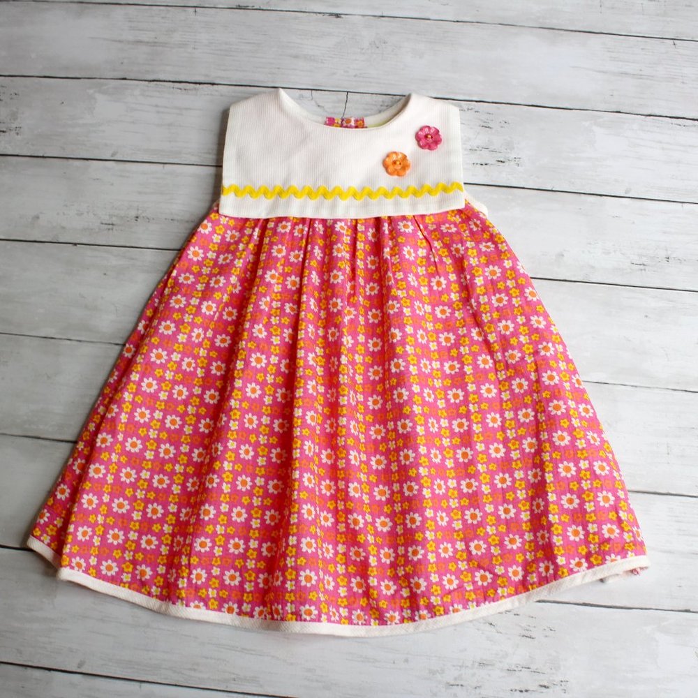 Vintage Baby Girl's Seersucker Dress Size 24 Months Pink Orange Yellow